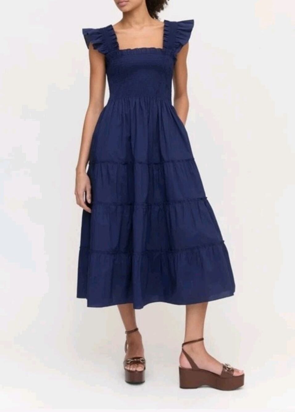Hill House Navy Blue Ellie Ruffle Sleeve Smocked Tiered Midi Nap Dress Size XXL